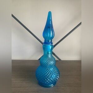 Vintage Blue Glass Diamond Point Genie Bottle Decanter Made in Italy FLAW
